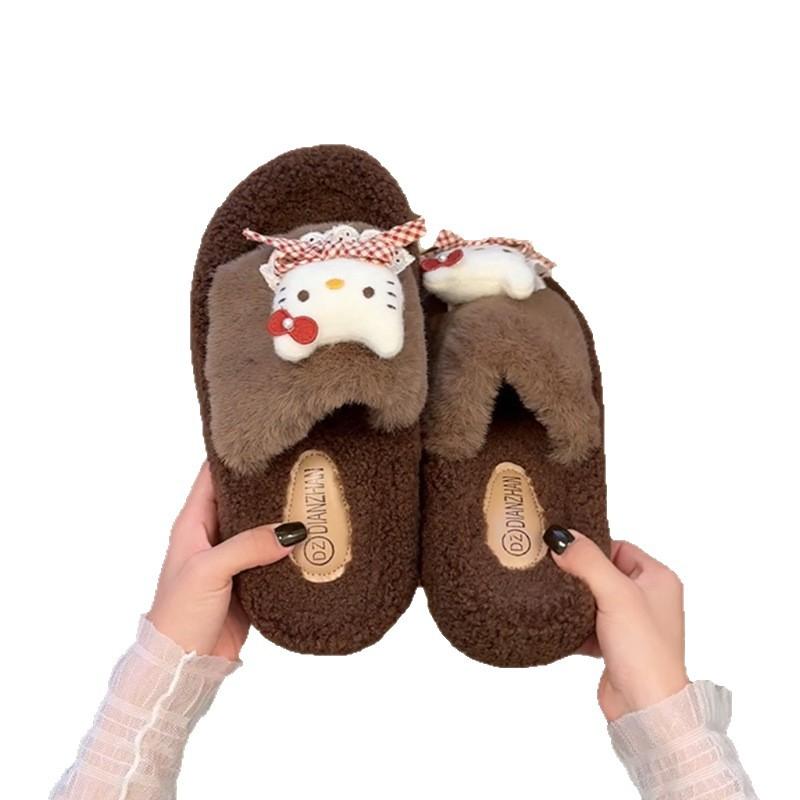 Fleece Warm Fluffy Slippers One-word Drag Internet Celebrity Fashion Cartoon Hello Kitty Cotton Slippers Women's 2025 Autumn and Winter New