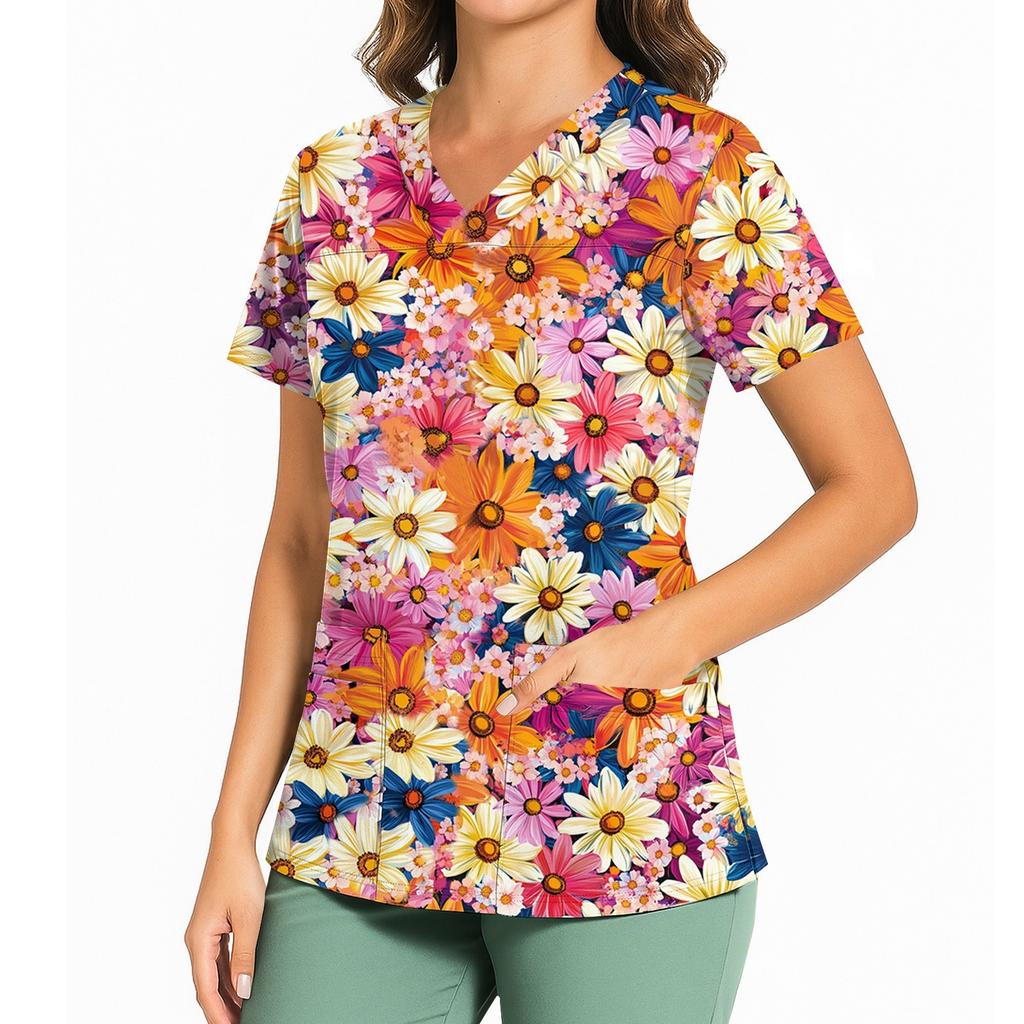 Women's Casual Printed V-Neck Pocket Side Slit Short Sleeved Top Short Sleeved Top