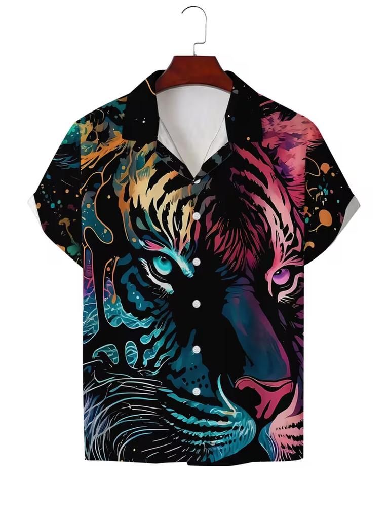 Tiger Pattern, Digital Printing, Fashion Trend, Street Outdoor, High-Quality and Comfortable Men's Short-Sleeved Casual Shirt