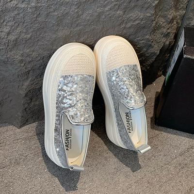 Spring New Thick-soled Heightening Shoes Women's Fashion Fish Scale Surface Lazy Shoes Versatile Casual Women's Single Shoes