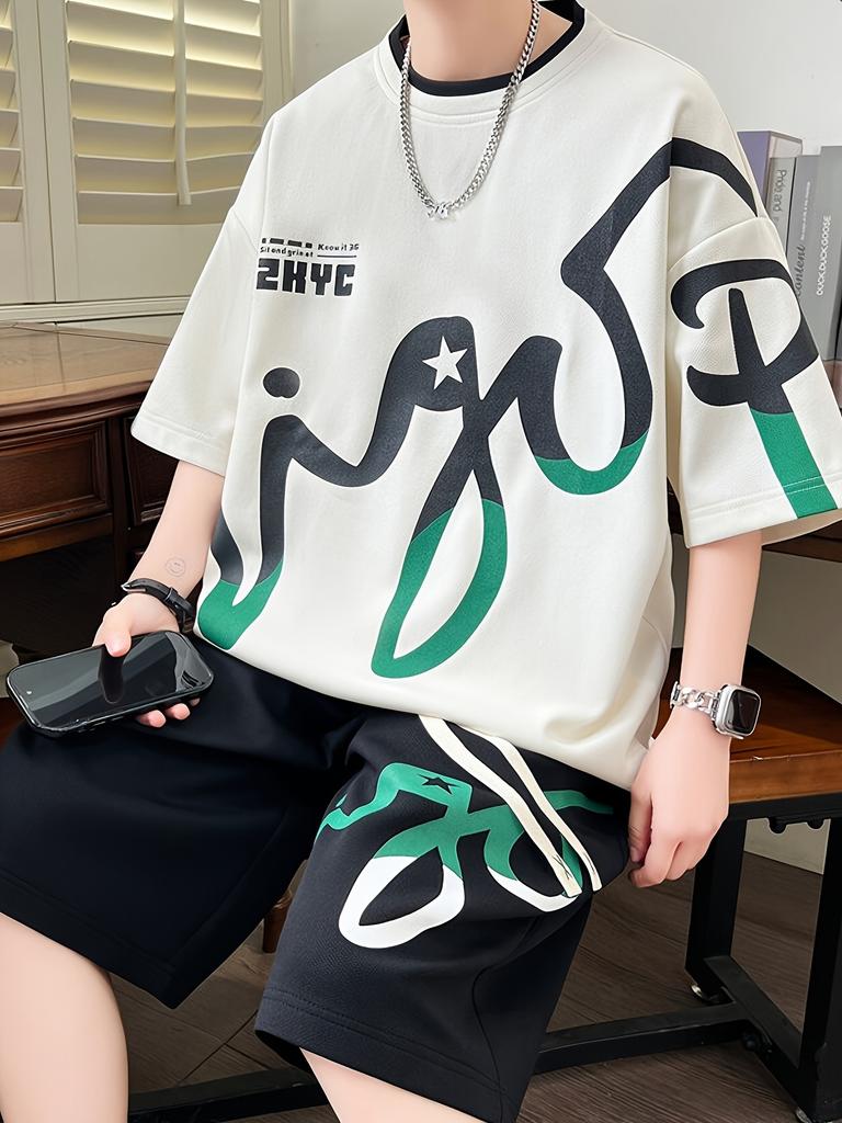 2025 Summer Men's Set, Korean fashion two-piece sportswear for men, trendy men's clothing, jogging set, T-shirt + shorts set, po