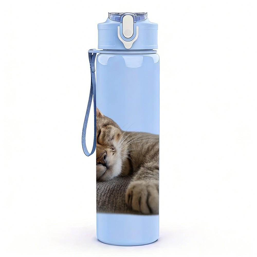 1PC Lazy Tabby Cat Sleep Pose 750ml Color Plastic Sports Water Bottle Leakproof Flip Straw Lid Suitable for Sports Office Home Use