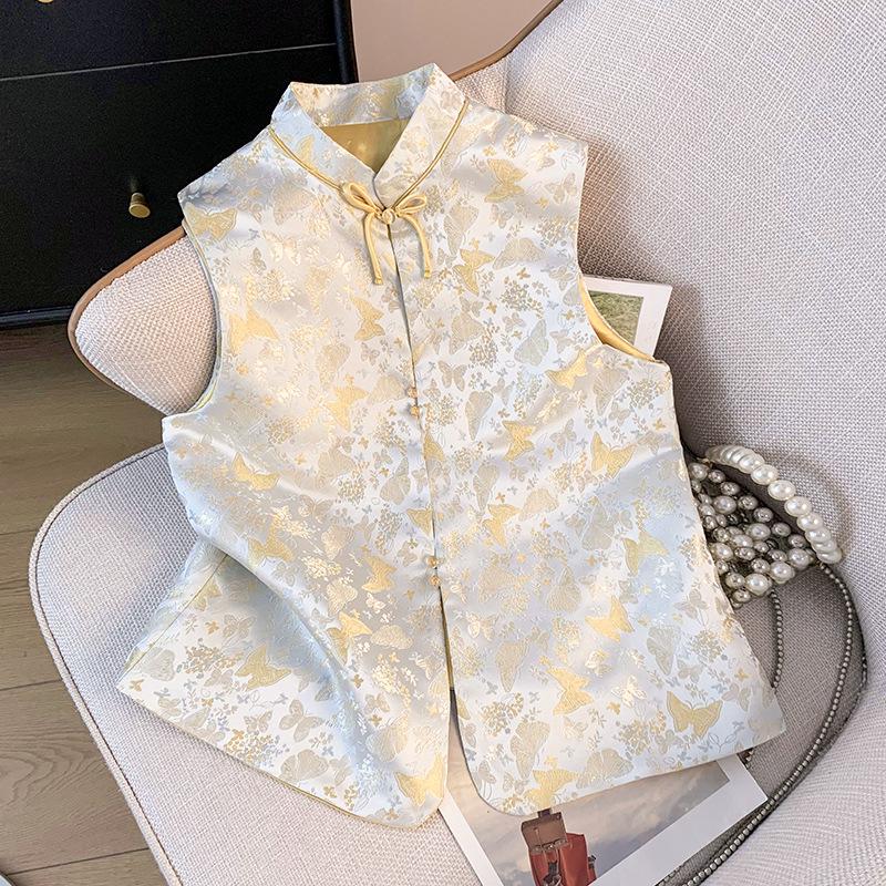 2025 Spring Women's Jacquard Vest: National Style, Stand Collar, Fashionable Thin Top