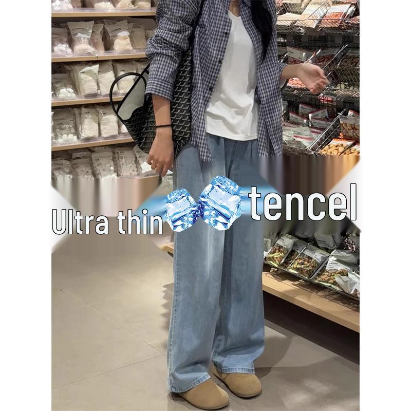 

Women s Plus Size Stretchy Tencel Denim Jeans, Lightweight Ice Silk High-Waist Loose Straight Wide-Leg Pants 4XL