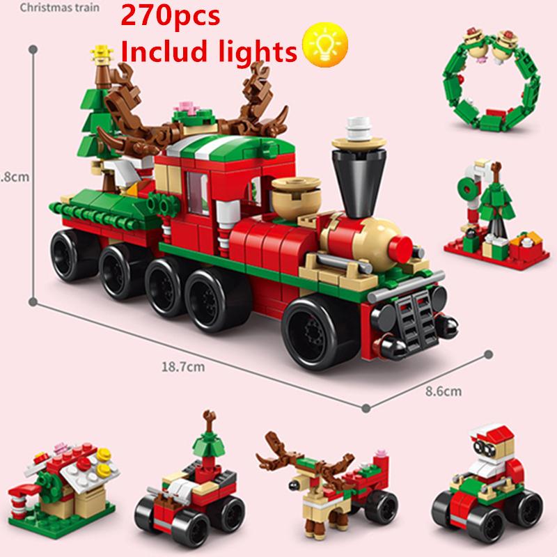 DIY 6in1 Lights Christmas Elk Deer Santa Claus Train Architecture Store Street View Xmas Tree Snow House Building Blocks Kit Toy