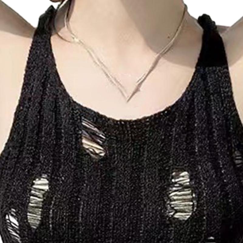 American Hot Girls Sexy Hollow Ripped U-Neck Sleeveless Solid Color Slim Knitted Vest