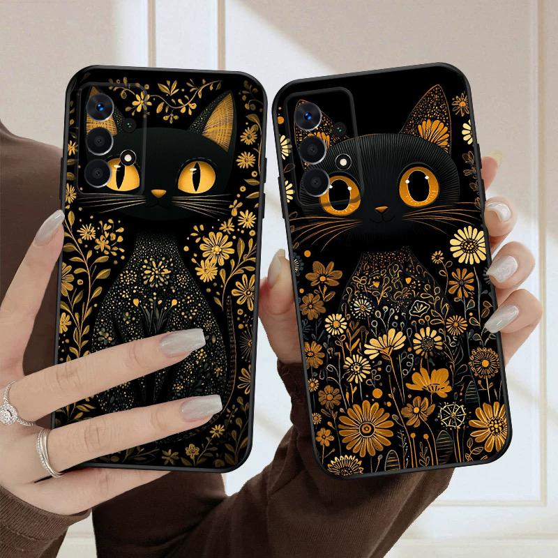 Flower Cat Black For Samsung A03 Core A 04 05 06 12 14 15 16 22 23 Galaxy A25 26 4G 34 35 52 53 56 71 73 90 5G soft phone case