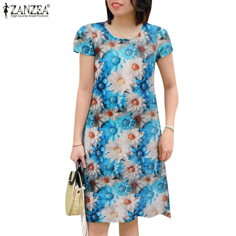 

ZANZEA Женское повседневное платье с короткими рукавами и круглым вырезом с цветочным принтом 4XL красный
