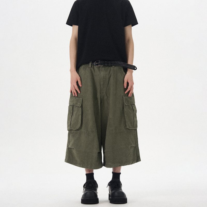 Kisko American Retro Washed Vintage Multi-Pocket Wide-Leg Cargo Pants Unisex Trendy Casual Loose Cropped Pants