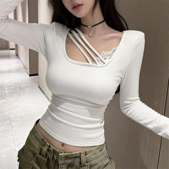 

Plus Size Velvet Lace Square Neck Long Sleeve Top for Women - Slimming Autumn/Winter Base Layer. 3XL