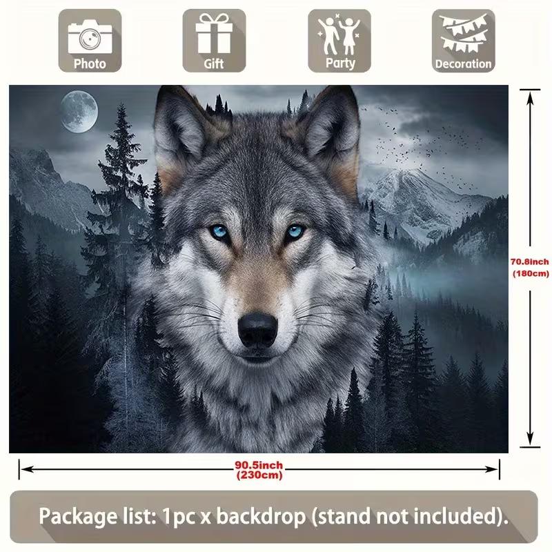 

2D Blue Eyed Wolf Backdrop - Forest Moon Party Photo Booth Background 47.2x31.5inch/120*80cm