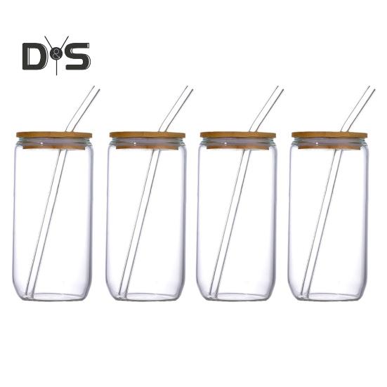 

Стеклянный стакан с бамбуковой крышкой, щеткой из соломы, 470 мл, стеклянные стаканы в форме банки для холодного кофе, газировки, чая, пива и холодного кофе, многоразовая стеклянная посуда 4pcs