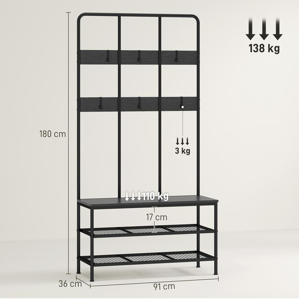 3-in-1 Hallway Coat Rack with 6 Hooks and Shoe Rack Bench, 91x36x180cm, Black