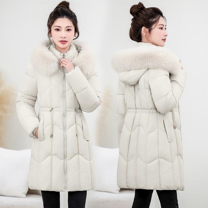 Big fur collar down cotton-padded clothes for women's winter new small cotton-padded coat, waist and thin medium and long cotton-padded jacket