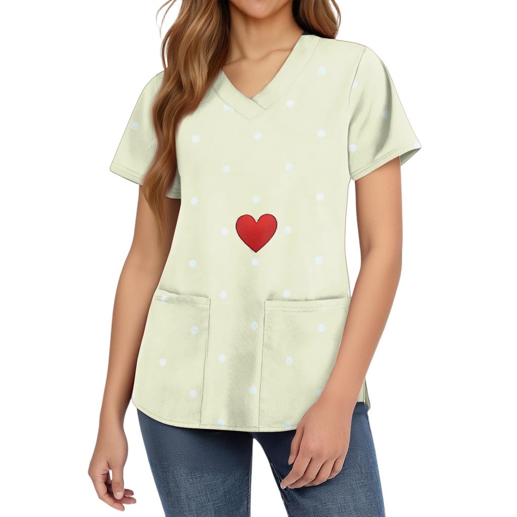 Women's Fashion V,Neck Short Sleeve Overalls With Pockets Valentine's Day Printed Tops Clothes