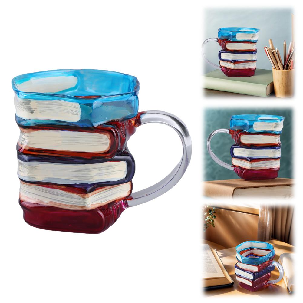 3D Colored Book Glass Cup Novelty Book Stack Coffee Mug Decorative Creative Coffee Cup for Literature Lovers