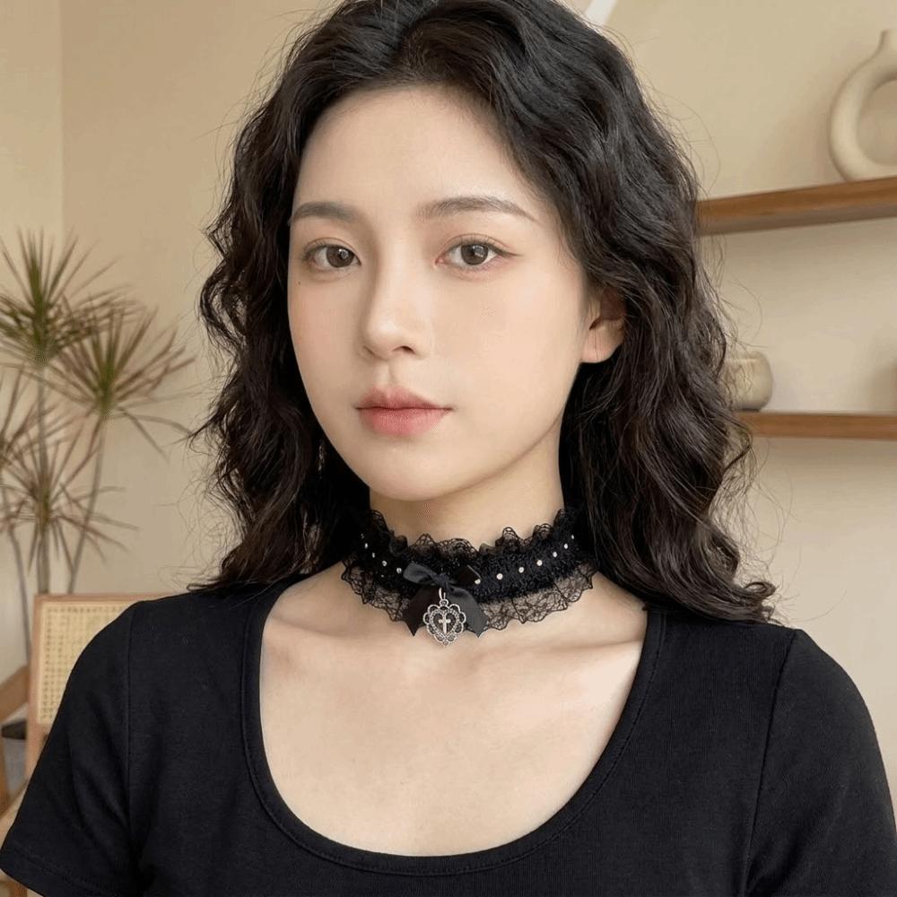 Love Heart Lolita Choker Y2K Cosplay Necklace Sweet Lace Necklace Anime Role Play