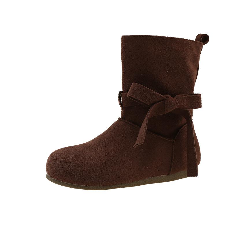 Internet celebrities with the same French lace-up round head soft bottom short tube women's 2025 autumn and winter new flat bottom inner height-increa