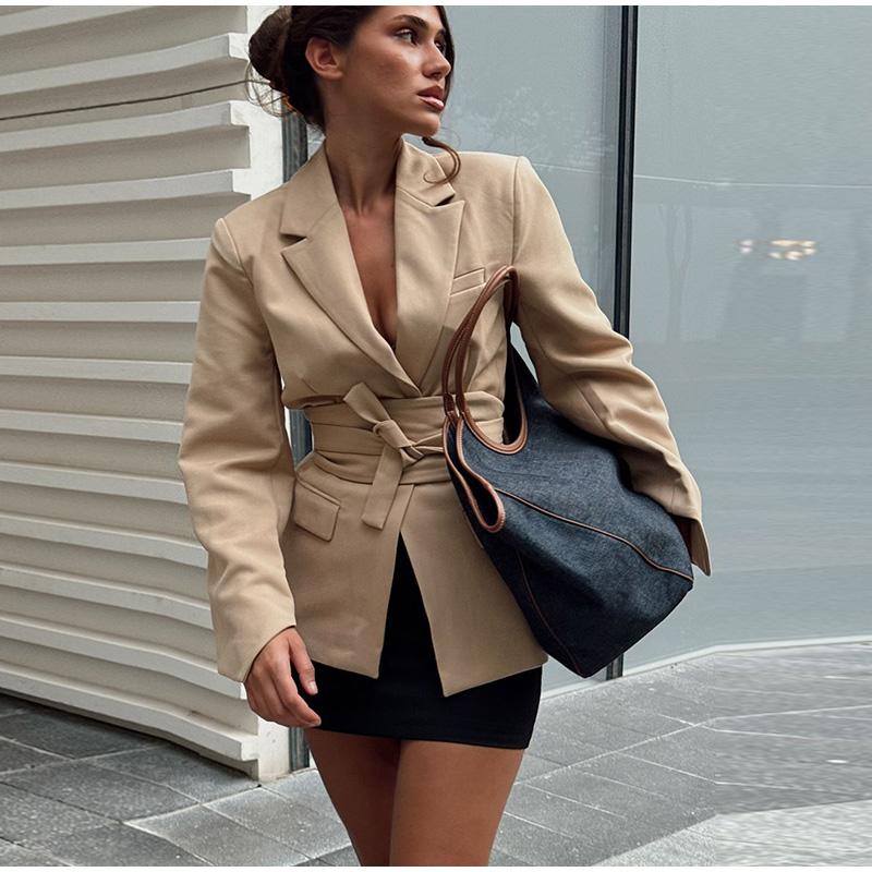 2025 Jaro Léto Nové Dámské Módní Bundy Jednobarevné Ležérní Klopa Dlouhý Rukáv Sako Ohrnovací Límec Šněrovací Dámské Kabáty