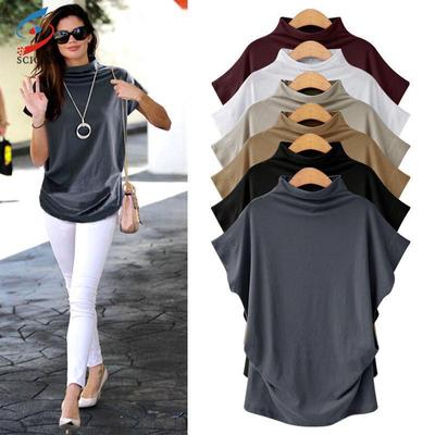 Große Größe frauen Halb Hohe Kragen Fledermaus Ärmel Top Einfarbig Polyester Baumwolle Lose Kurzarm T-shirt Weibliche
