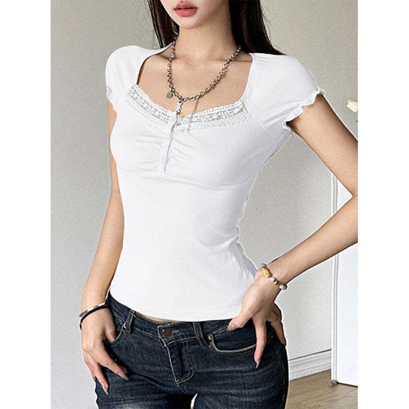 

2025 Sexy Slim Fit Knitted Lace Short Sleeved Top Black XL