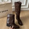 New Style Women's Designer Winter Vintage Women Knee High Boot Concise Slip On Thick Heel Shoes Square Toe Knight Long Booties