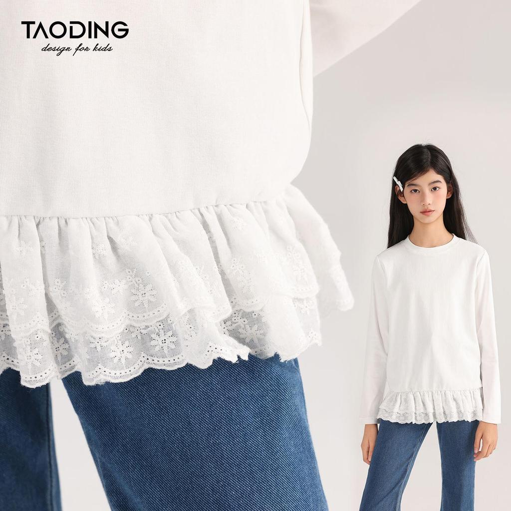 Tao Town Mädchen Langarmshirt mit Spitzennähten - Koreanischer Stil Frühling/Herbst Trend