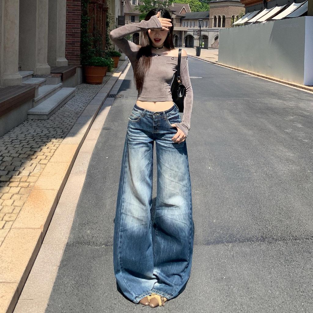Retro Blue High-Waisted Wide-Leg Jeans for Women – Autumn/Winter 2025 Collection, Floor-Length and Slimming Design
