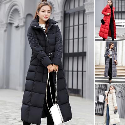 Winter Women Cotton Jacket Detachable Hood Neck Protection Long Sleeves Pockets Knee Length Zipper Closure Padded Coat Solid Color Windproof
