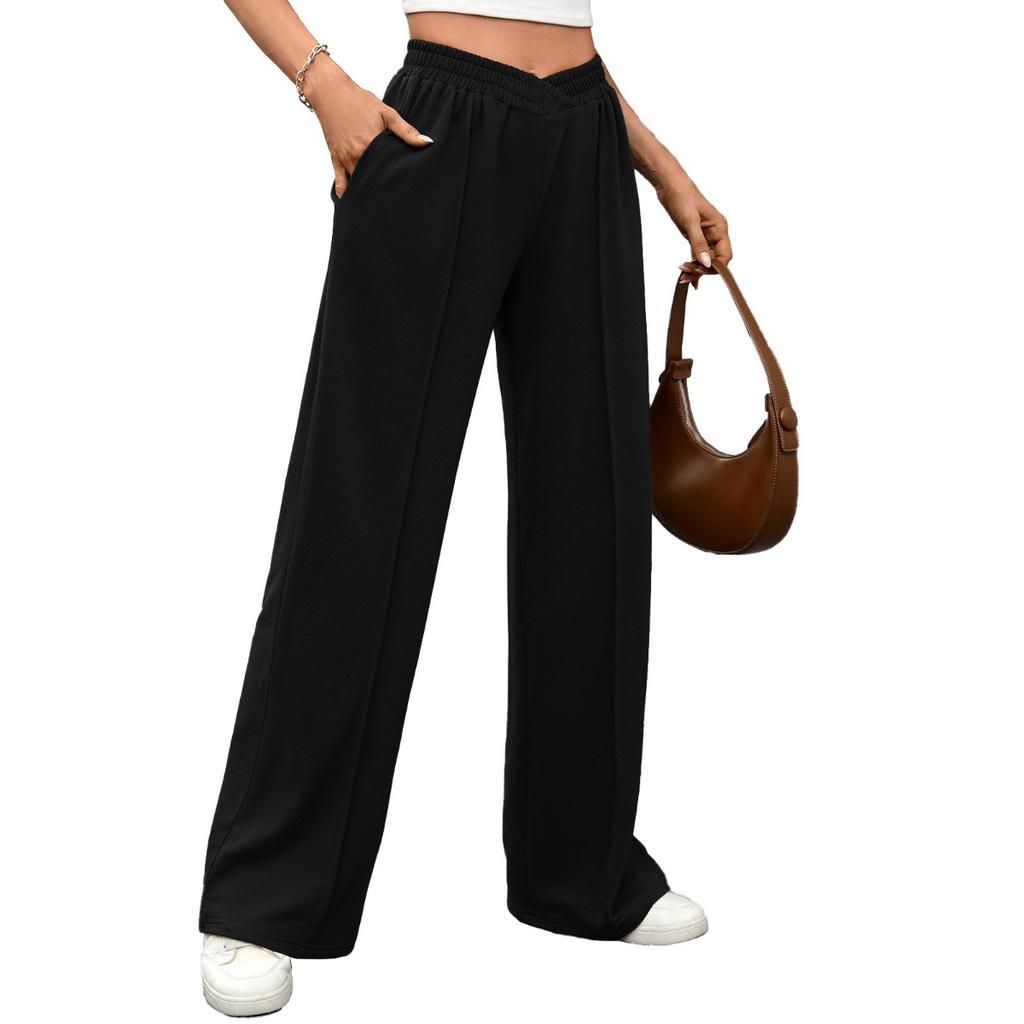 Fall Winter Women's Solid Color Elastic Waist Loose Straight Casual Trousers for Cross-border Trade