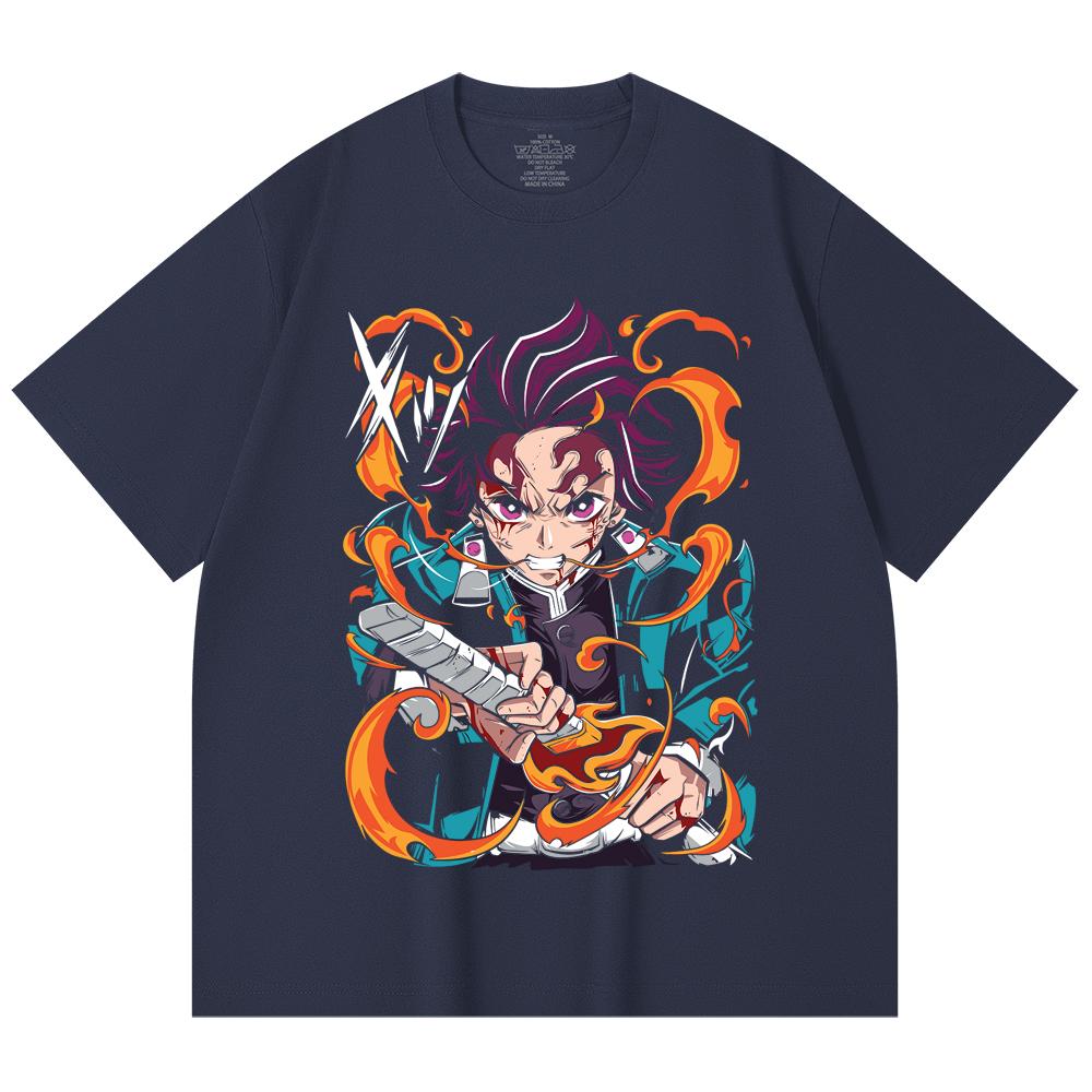 230 Gsm 100% Cotton Demon Slayer V64 Tanjiro Fire Breathing Print Unisex Heavy Cotton T Shirt