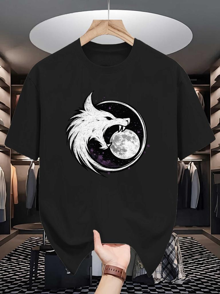 Unisex Cotton Tee Howling Wolf Moon Vintage Graphic Print Loose Breathable Summer Crew Neck Casual Street T Shirt Unisex Daily Wear