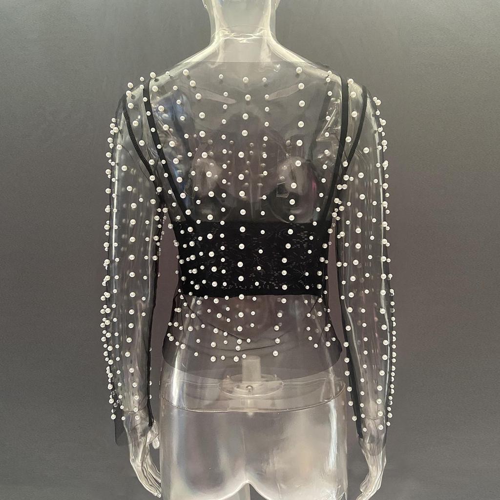 2023 Heiß verkaufendes Damen transparentes Netz-Langarmtop mit Perlenblasen für Frühling/Sommer