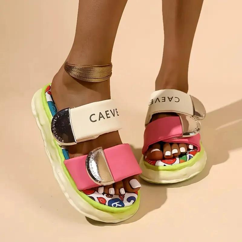 Women Slippers Colorful Candy Stripe Designer Slippers Thick Sole Shoes 2025 New Beach Outdoor Casual Style Sandals Slides Women