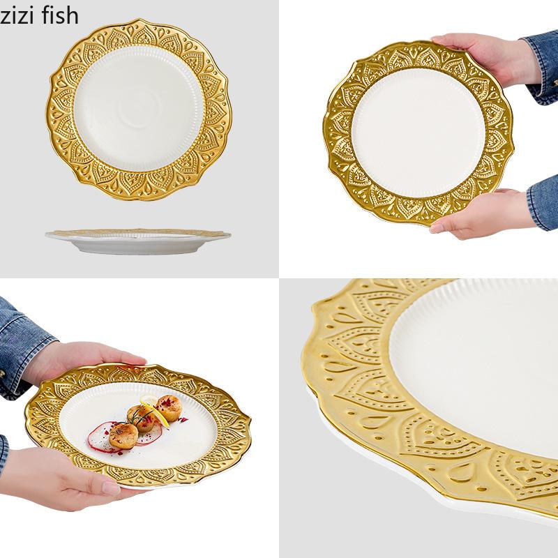Vergoldete Keramik-Dessertteller mit Goldrand, Steakteller, Pastateller, Essteller, Obstsalatschale, Sushiteller, Sting Disc
