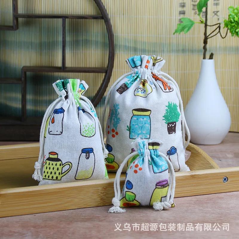 10pcs/lot Linen Drawstring pocket Cute Pattern Printed DIY wedding Candy Storage Bag Travel Makeup Cloth Shoes Sundries Storage
