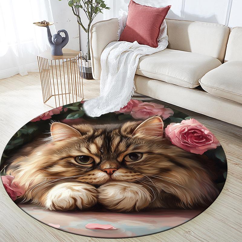 

Rose and Persian Cat pattern round rug,Carpet Rug for Living Room Bedroom Playroom ,Non-slip Floor Mat,Holiday Gifts and Birthday Gifts. 80cmx80cm
