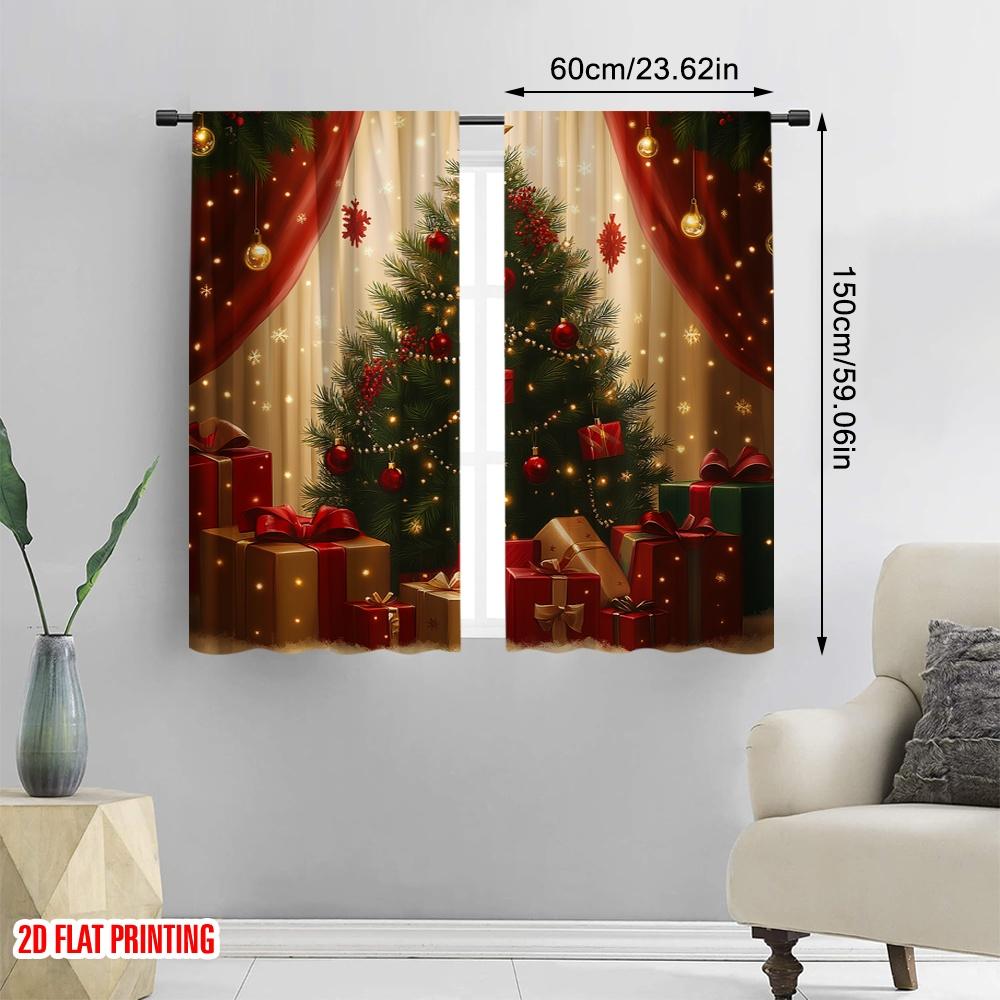 2pcs,2D Plane Printing Print Curtains Christmas Tree Gifts Ornaments_a (3) Polyester (without Rod) Decorations Inside Use for