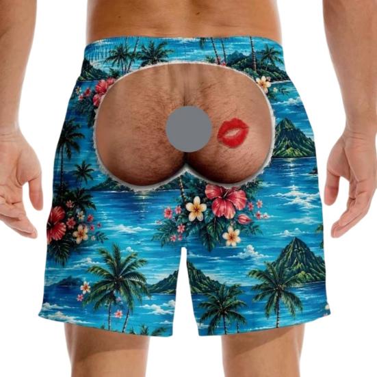 Novelty 3D Graphic Swimwear Hairy Big Booty Shorts, Men Funny Butt Print Beach Relaxed Fit Lounge Shorts Cheeky Briefs Pattern Swim Trunks for Summer