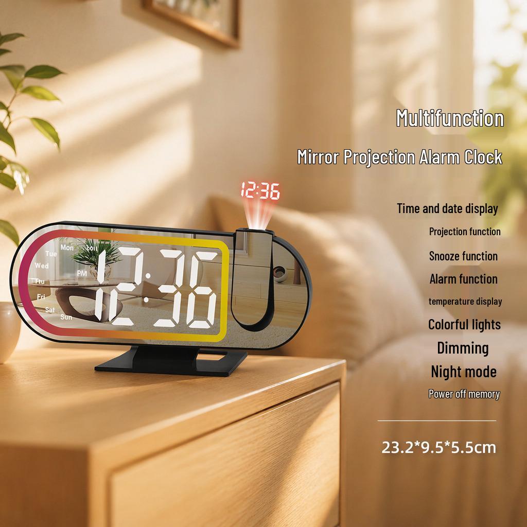 Rotating Projection Alarm Clock with Large Digital Display and Mirror Screen