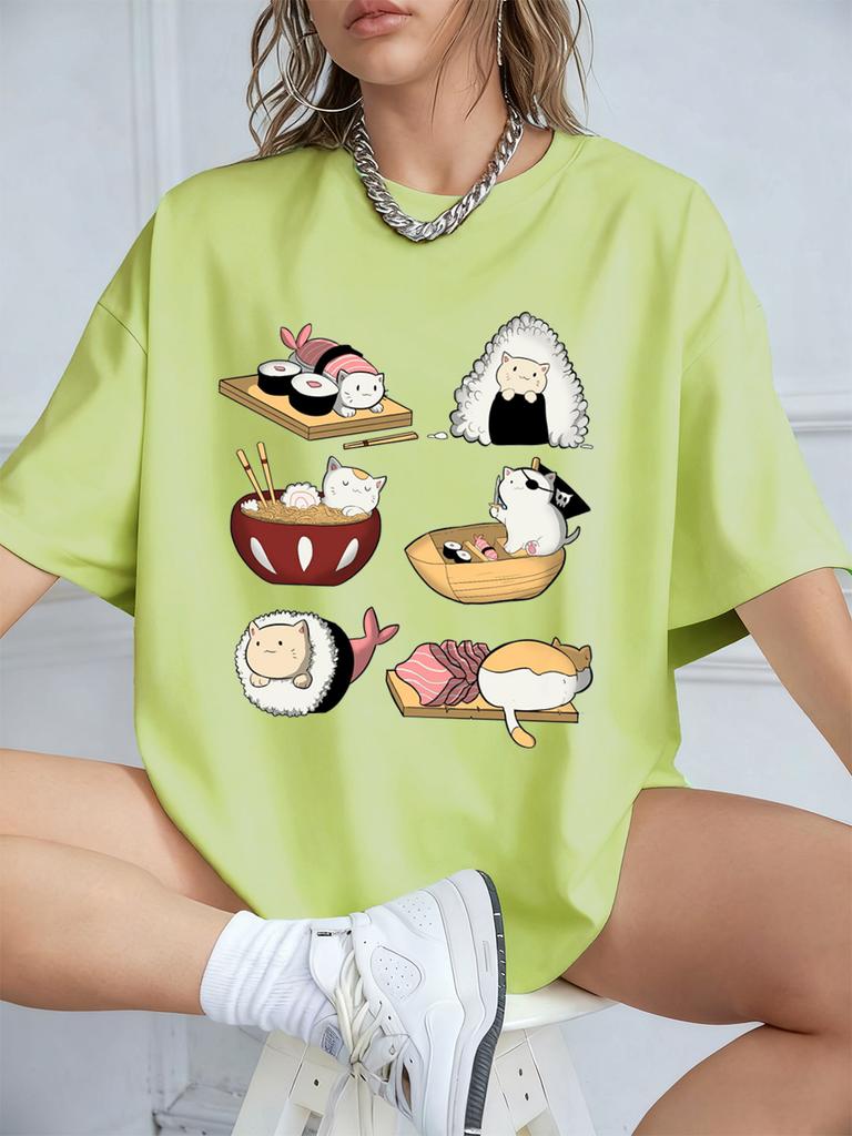 Kawaii Sushi Cats Printing TShirts Womens Summer Cotton Short Sleeve T Shirt Loose ONeck Comfortable Tops Casual Woman Clothes