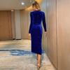 Modisches, einfarbiges Abendkleid mit V-Ausschnitt für Damen, sexy, langärmliges, mittellanges Kleid mit freiliegendem Bein, goldenes Samt-Nachtclubkleid