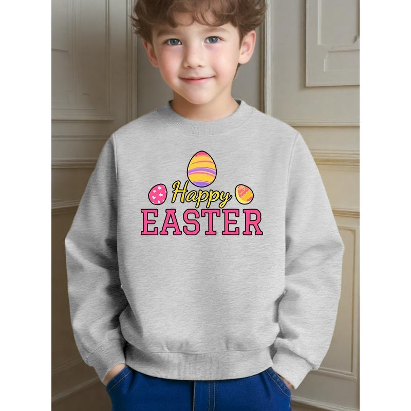 Cute Casual Kids Happy Easter Egg Printed Crew Neck Sweatshirt for Daily Play and Holiday Celebrations