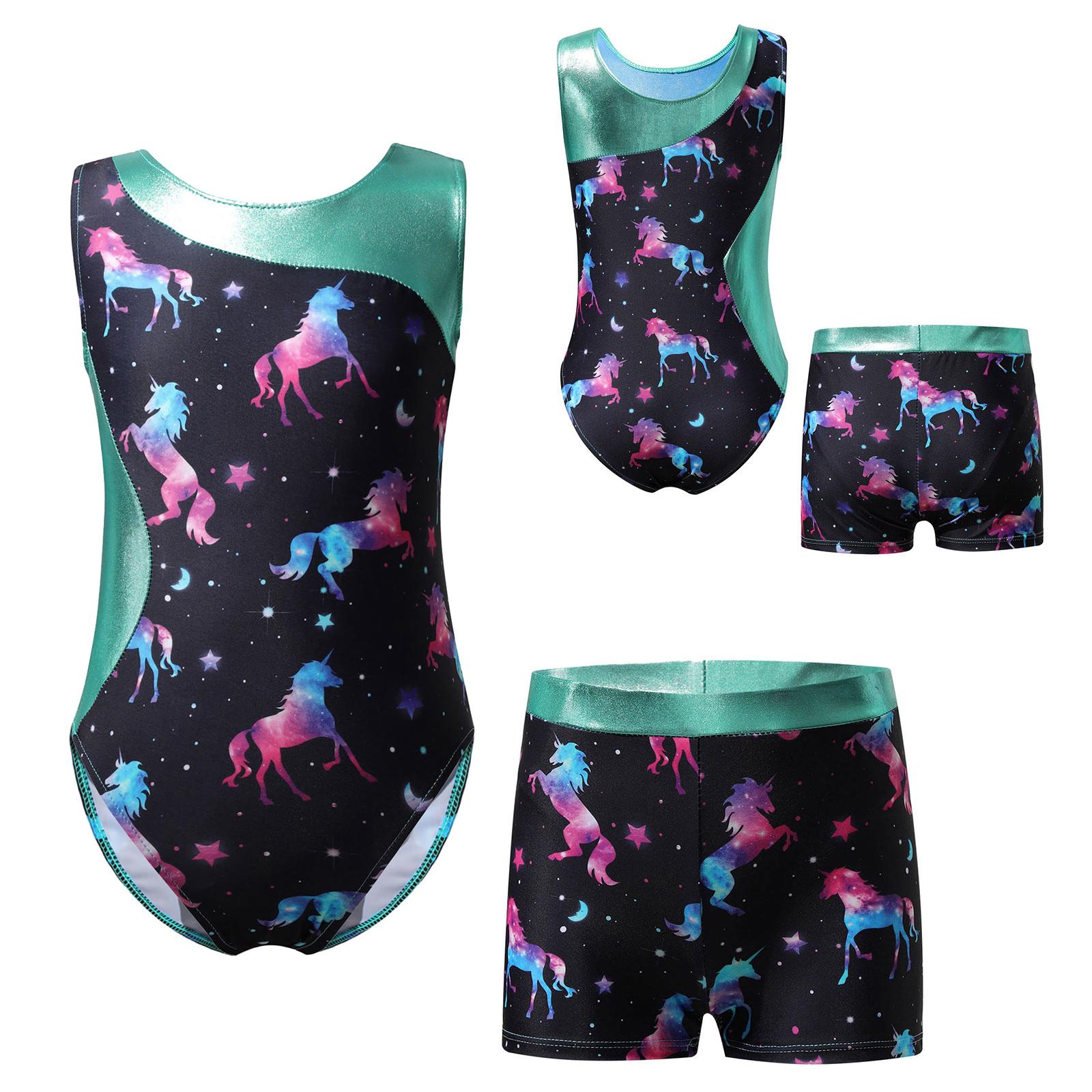 Kinder Mädchen Gymnastik Yoga Tanz Sport Sets Fancy Print Trikot und Shorts Tanzbekleidung Outfits 7-8 Years black