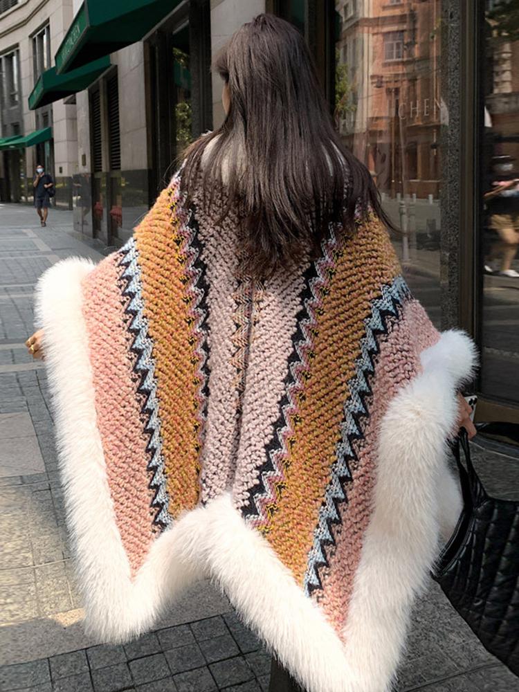 New Faux Fur Collar Imitation Cashmere Elegant Women Scarf Winter Striped Poncho Warm Thick Wrap Capa Para Mujer Pashmina Shawl