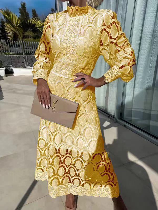 

2026 Spring French Lace Puff Sleeve Stand-Up Collar Dress – Elegant, Waist-Slimming Long Design S