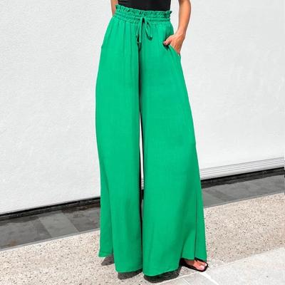 Calças de verão com elástico na cintura comestível com fungos de árvore, calças da moda com bolso solto e cordão, calças casuais sólidas, verdes, pernas largas 25550