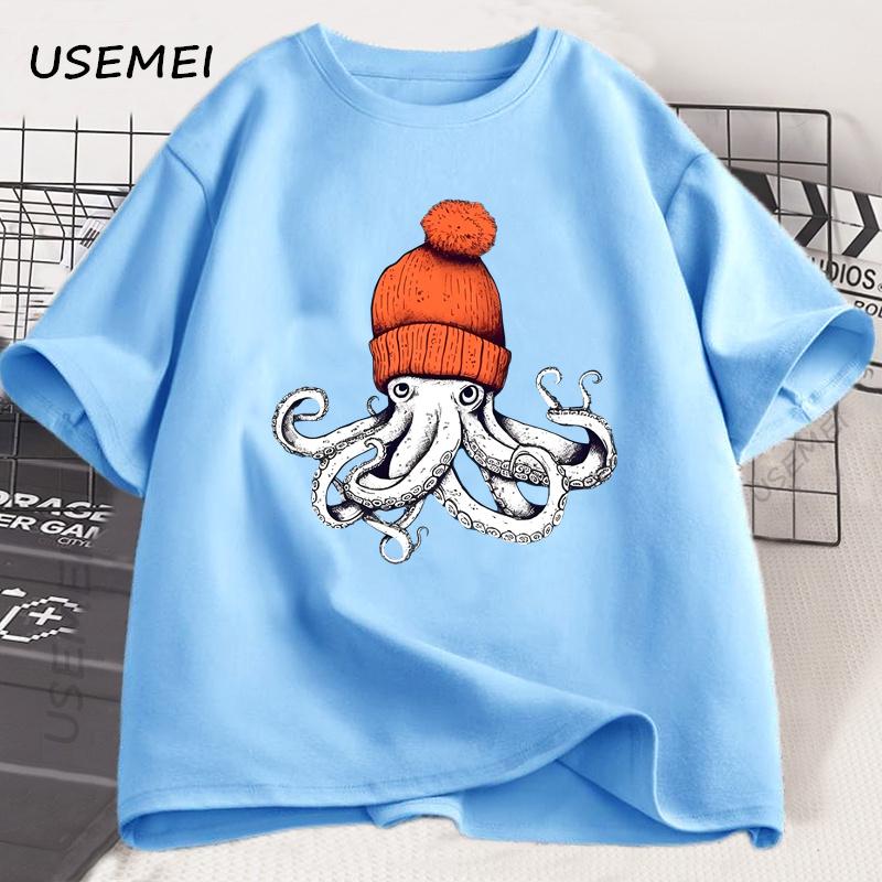 Octopus Orange Beanie Cotton T-shirt Japanese Style Graphic Tees Casual Cotton Short Sleeve Round Neck Tshirts Unisex Clothes