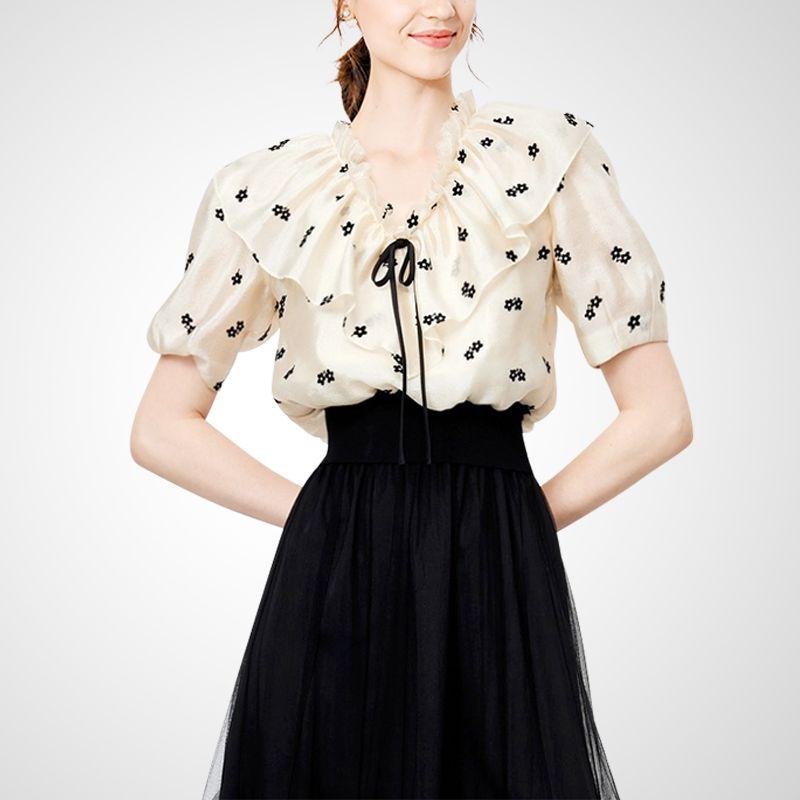 

Anti-Aging Fashion Ruffles Summer Elegant Floral Shirt Printed S