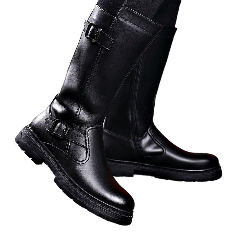 Men's High Tube Leather Equestrian Boots - Winter Long Cowboy Style